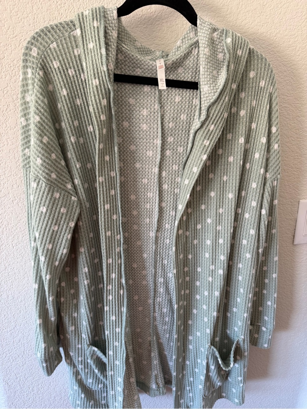 LuLaRoe Soft Mint Green Hooded Open-Front Cardigan with White Dot Detail